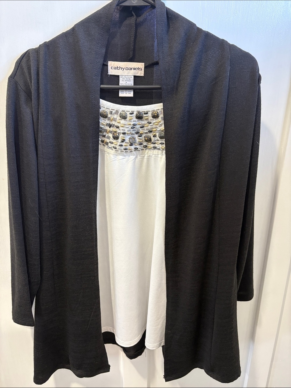 Cathy Daniels Black Open-Front Cardigan with Ivory Embellished Tank